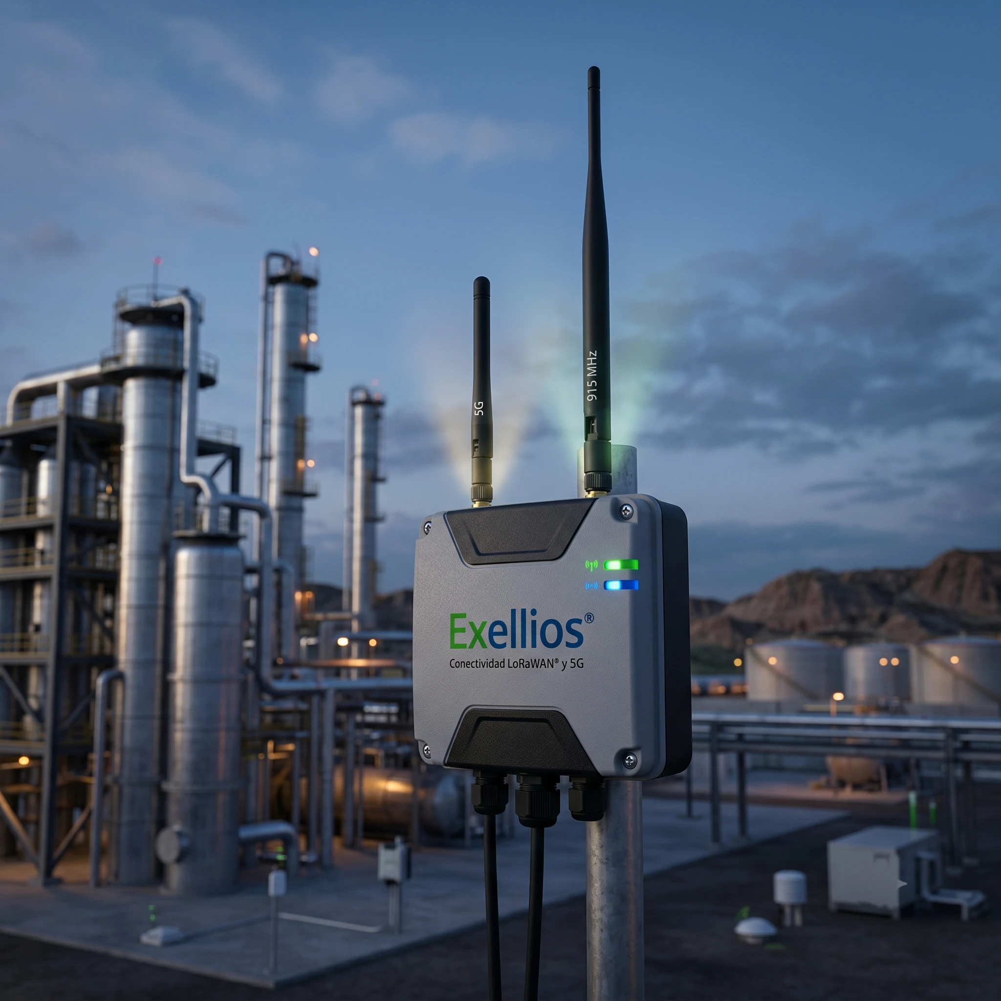 Gateway Exellios con antenas LoRaWAN 915 MHz y 5G frente a planta industrial