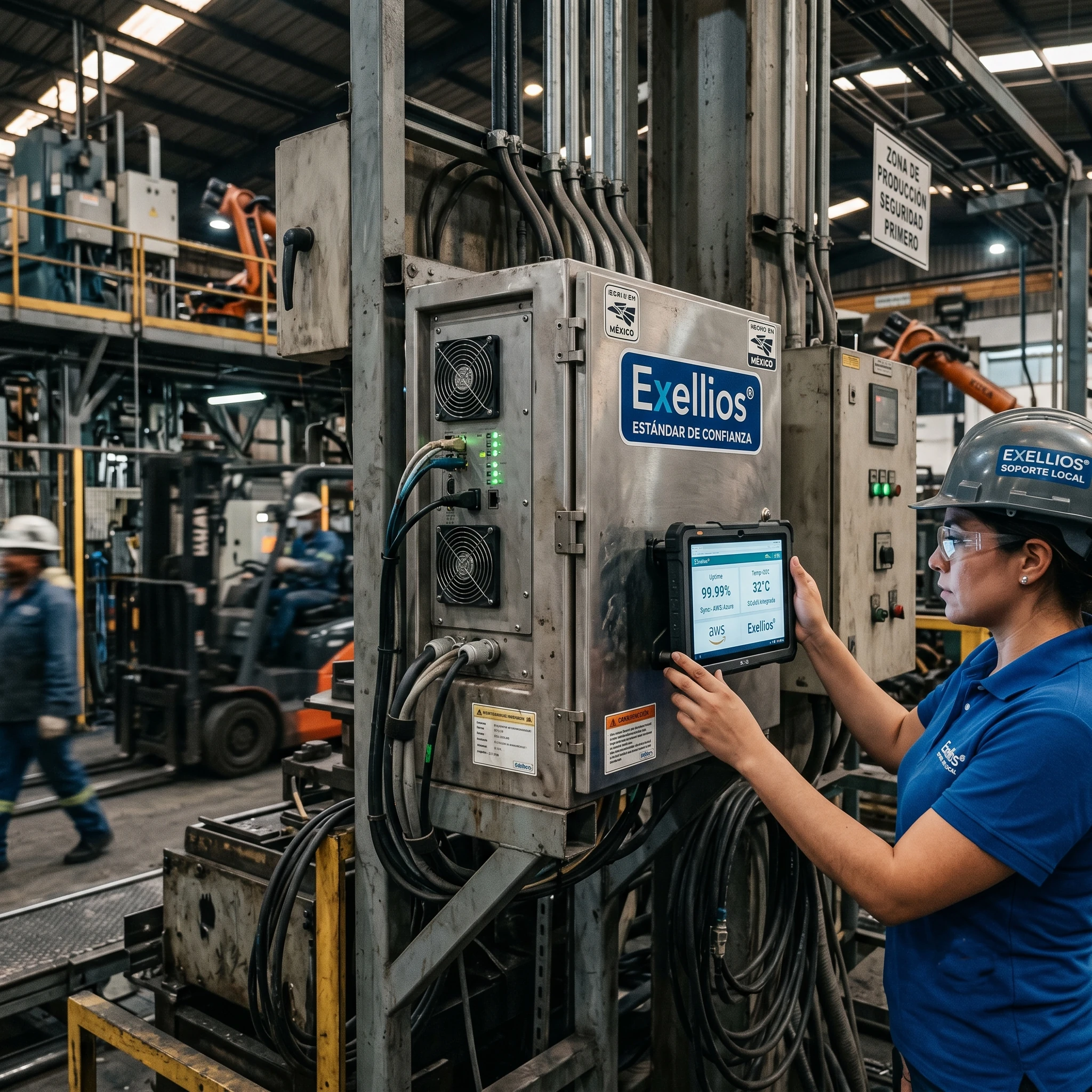 Ingeniera de soporte Exellios con tablet frente a gabinete de control industrial